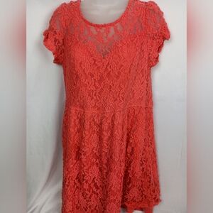 Elegant Barbiecore Coral Salmon Lace‎ Dress (#1,366)